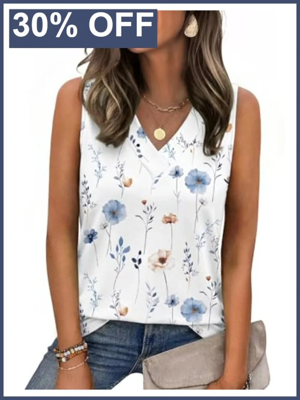 Womens V Neck Loose Fit Sleeveless Tank Top Summer Blouse Floral Boho
